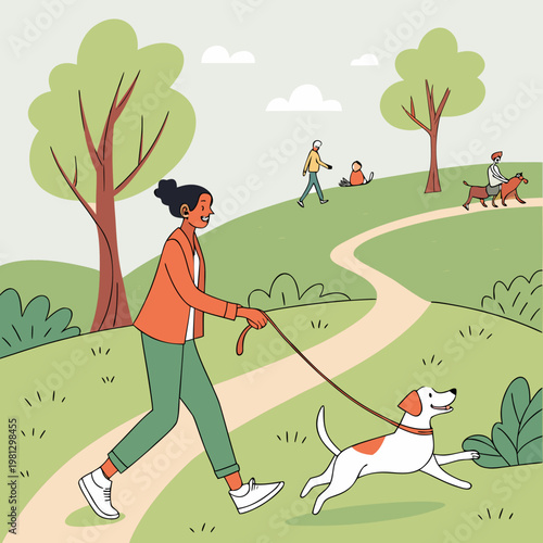 Woman walking her dog on a path in the park