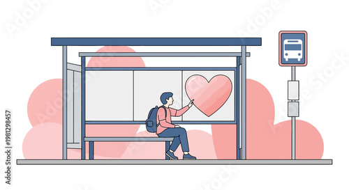 Young man at bus stop, touching a large abstract heart shape on display