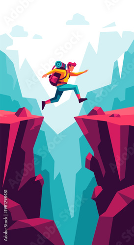 Man jumping over cliff edge.