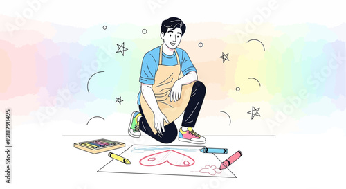 Young Man Drawing Heart Shapes with Crayons, Creative Hobby and Art Concept