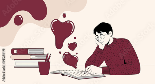 Young man dreaming of love while studying, hearts floating from books