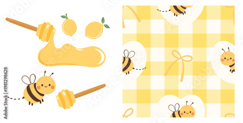 Cute bee honey lemon and gingham seamless pattern pastel yellow sweet background design