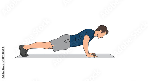 A determined man in athletic wear executes a perfect push-up on a grey exercise mat against a minimalist white background during a fitness session.
