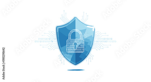 A stylized blue security shield features a central padlock icon meticulously crafted from white binary digits and surrounded by intricate circuit board lines.
