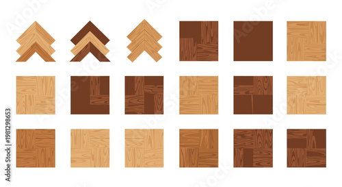 Meticulous collection of diverse wooden parquet flooring samples featuring intricate herringbone and square tile patterns displayed against a clean white background.