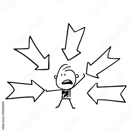 A cartoon man feeling overwhelmed by multiple directions and choices