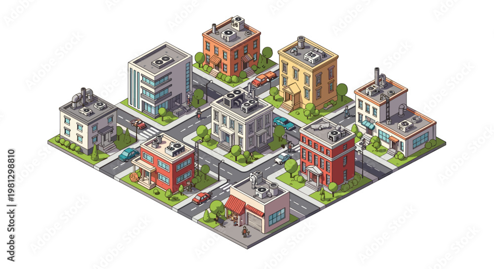 Obraz premium A meticulous isometric city block showcases a variety of urban buildings and colorful cars navigating clean streets surrounded by lush green garden trees.