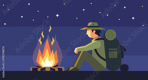 Man Sitting By Campfire Night.
