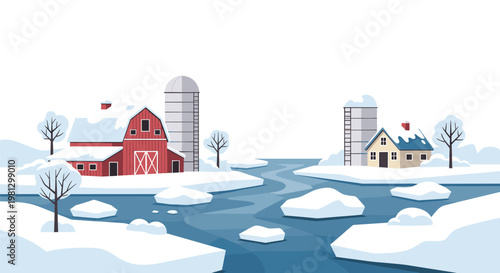 A picturesque winter farm scene showcases a traditional red barn and tall silo nestled beside a winding frozen blue river under bright afternoon light.