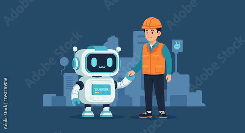 Robot and construction worker standing.