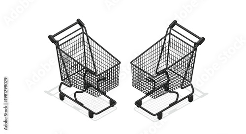 A pair of detailed black wireframe shopping carts sits in an isometric perspective facing one another on a pristine white background with soft shadows.