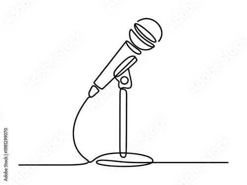 Continuous line drawing of a microphone on a stand for public speaking events and music performances