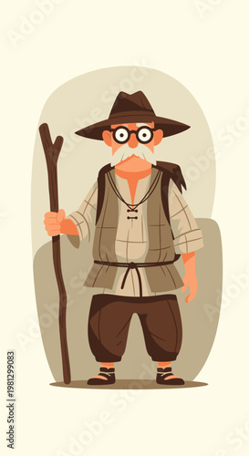 Cartoon old man with stick.
