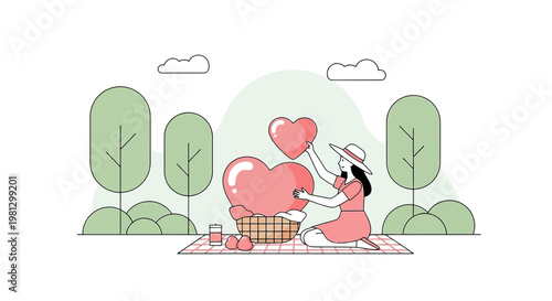 Woman with Heart Balloons at Picnic in Park