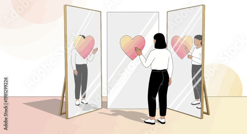 Woman with heart reflection in mirrors, self-love, identity, and introspection concept
