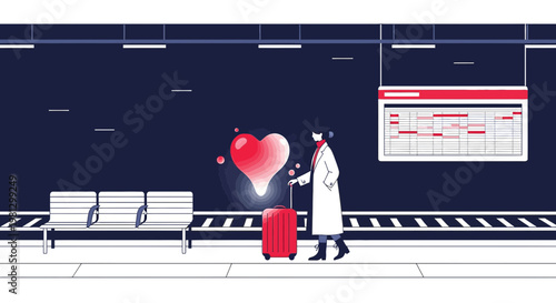 Woman with suitcase at train station, abstract heart hologram, travel romance concept