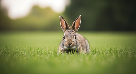 A cute brown rabbit sitting in a lush green meadow, captured in a closeup shot with a soft, blurred background
