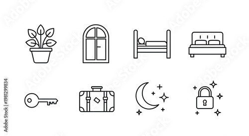 A collection of simple linear icons depicting bedroom furnishings travel items and nighttime elements