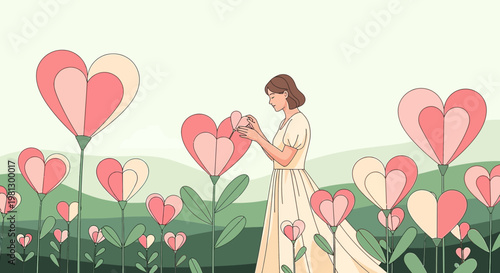 Woman tending to a garden of blooming heart flowers, symbolizing love and care