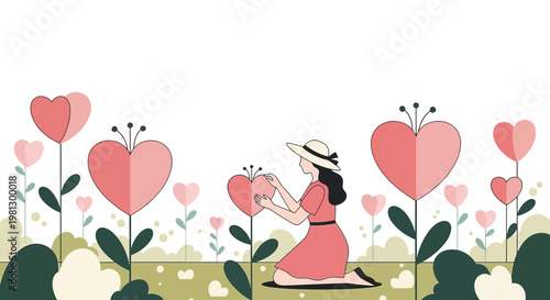 Woman tending to heart-shaped flowers in a garden, symbolizing love and growth