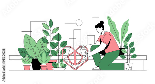 Woman tending to plants and a geometric heart, symbolizing love for nature and growth