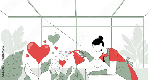 Woman tending to plants that grow hearts, symbolizing love and care in a greenhouse.