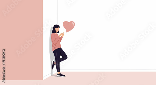 Woman texting with heart emoji, leaning on wall, minimalist illustration