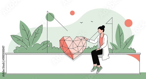 Woman Touching Geometric Heart Sculpture in Minimalist Garden