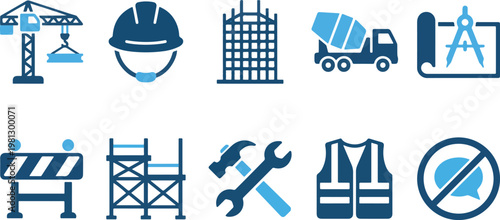 Construction icons including crane, hard hat, and tools