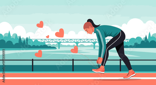 Woman tying shoelaces on running track with hearts, preparing for marathon
