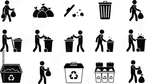 Waste management and recycling icons a collection of black silhouette illustrations