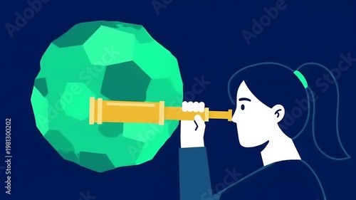 Woman Examining Green Globe with Telescope.