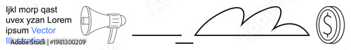 Marketing campaigns, technology services, cloud computing, financial transactions, innovation, data storage solutions. Megaphone, abstract cloud and dollar coin icons. Communication and technology