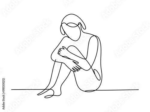 Continuous line drawing of a woman sitting alone in a contemplative or melancholic pose on the floor  a single line art piece