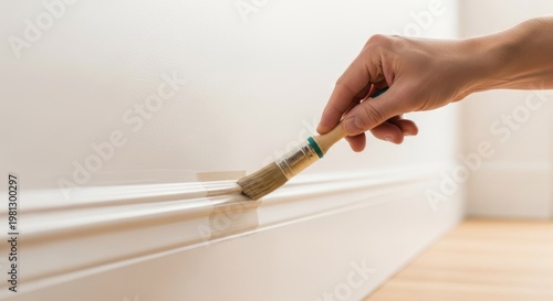 Close-up of a hand painting white trim with a brush.