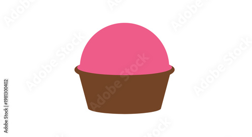 Cartoon Cupcake Isolated on White Background with Pink Icing and Brown Cup Base
