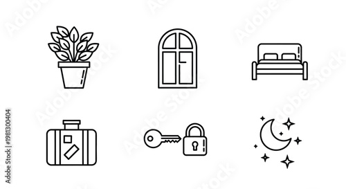 A collection of simple linear icon designs depicting travel home and nighttime elements