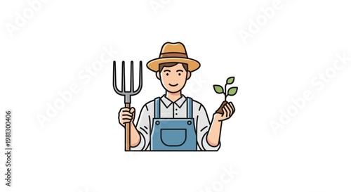 Cartoon farmer with pitchfork and sprout representing agriculture and new life