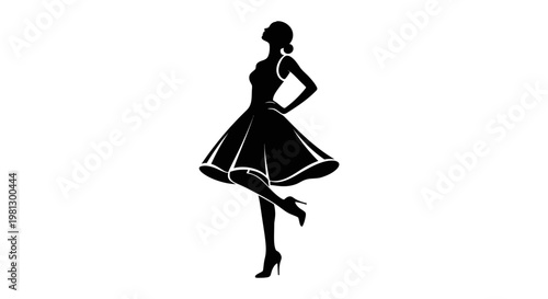 Elegant silhouette of a woman in a stylish dress, isolated on a white backdrop