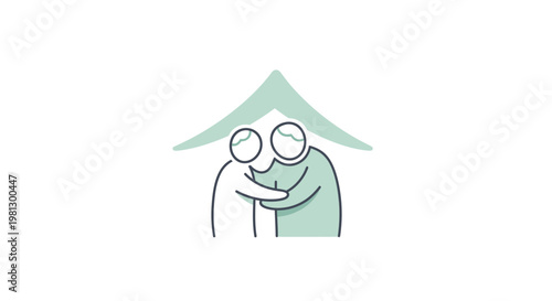 Depiction of Support and Protection: Two Figures Embracing Under a Shielding Roof