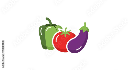 Healthy Food Illustration: Pepper, Tomato and Eggplant on White Background in Flat Design