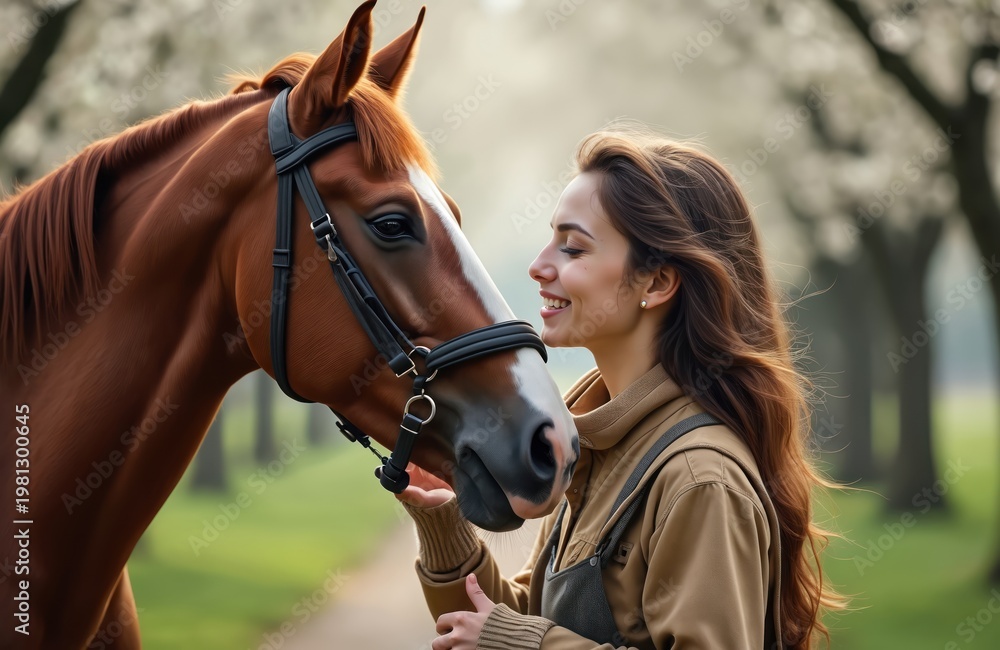 Obraz premium Young woman gently touches chestnut horse head. Person and equine share tender moment near trees. Female owner smiles enjoying outdoor country life with pet mammal.