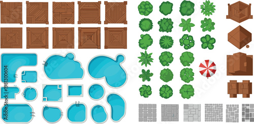 Set of Isometric Game Assets Including Wooden Tiles, Water Pools, Trees, and Terrain Elements for Environment and Level Design Themes