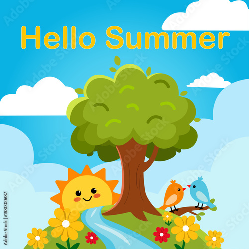 Illustration: Hello Summer, a bright summery image, sun, and birds.