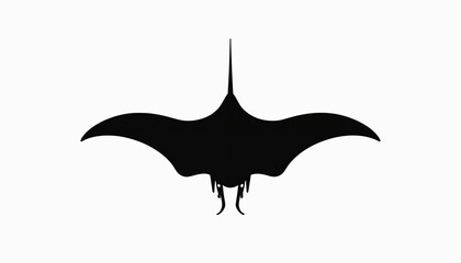 Black manta ray silhouette isolated on white background. Simple graphic design element. Oceanic creature shape for logos and icons. Wide wing span, clean design.