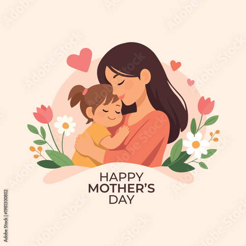 Cute minimalist flat style illustration of a loving mother hugging her child, decorated with flowers and hearts. Perfect for Mother’s Day greeting cards, posters, social media and holiday designs
