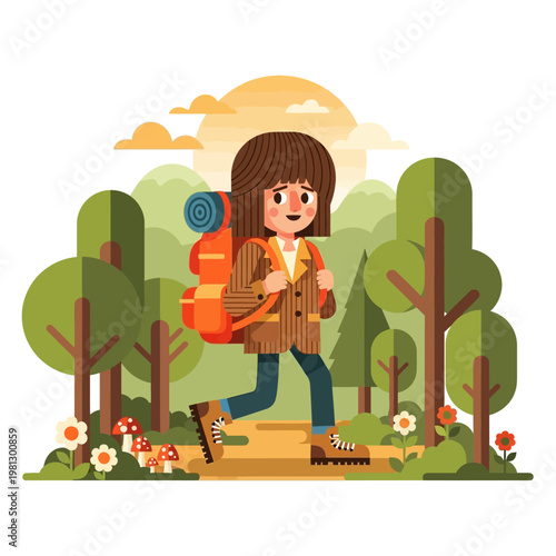 Girl hiking in forest trail.