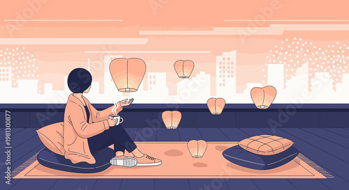 Woman Releasing Lanterns on Rooftop at Sunset, Cityscape Background