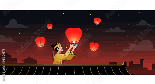 Woman Releasing Red Heart Lanterns at Night Over Cityscape