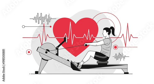 Woman Rowing Machine Cardio Workout Heartbeat Health Fitness Concept